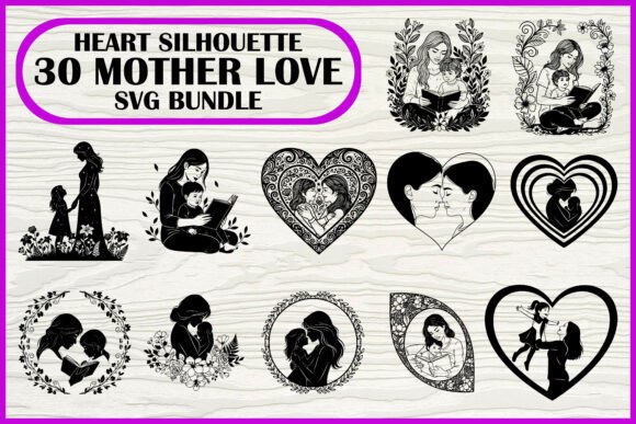 30 Mother Love Heart Silhouette SVG Set