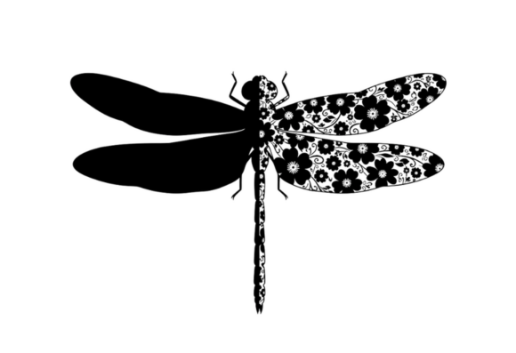 Black Floral Dragonfly Silhouette Art