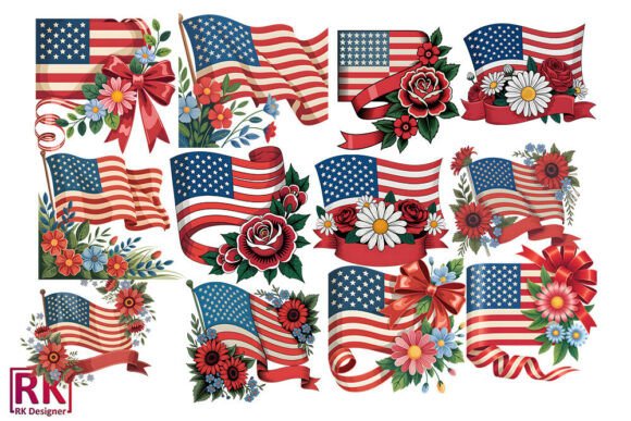 Floral American Flag Clipart Png Bundle