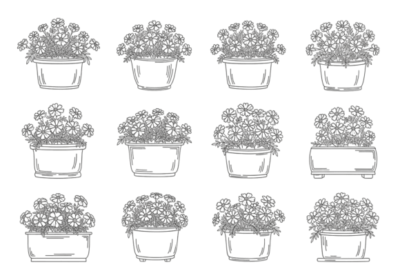 Floral Potted Plants Line Art Clipart