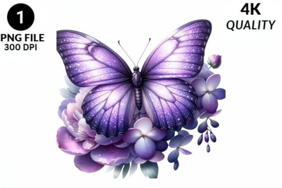 Sparkling Purple Butterfly Floral PNG