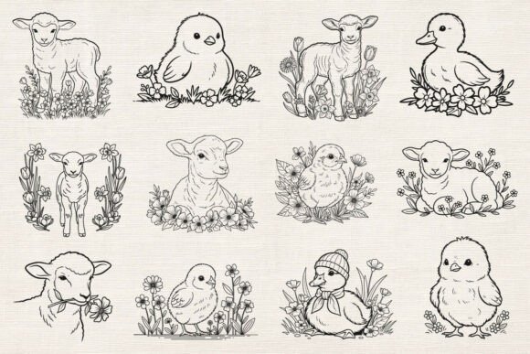 Spring Easter Farm Animals Svg Line Art