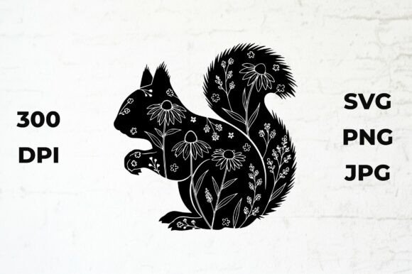 Squirrel Silhouette with Floral Pattern